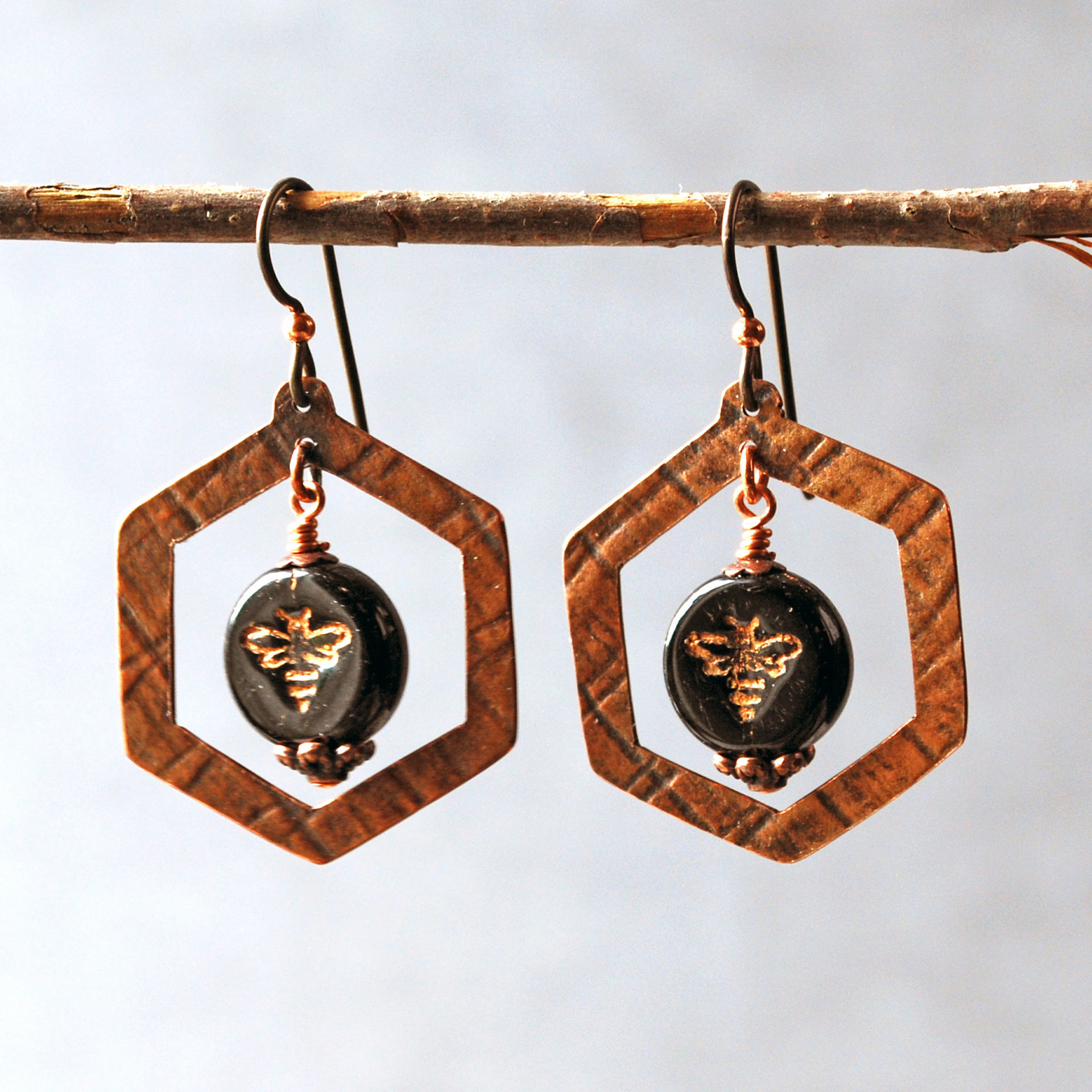Copper Honeycomb Earrings, Czech Glass Bee Bead