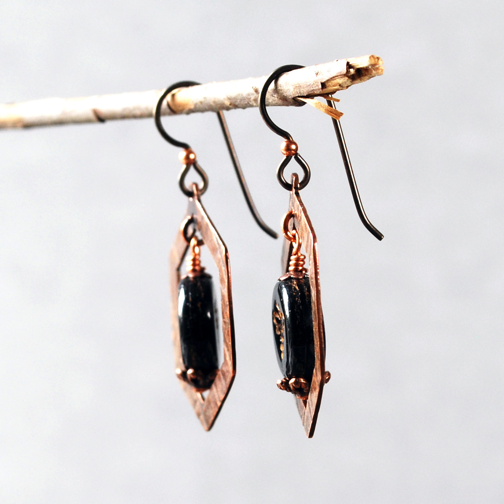 Copper Honeycomb Earrings, Czech Glass Bee Bead