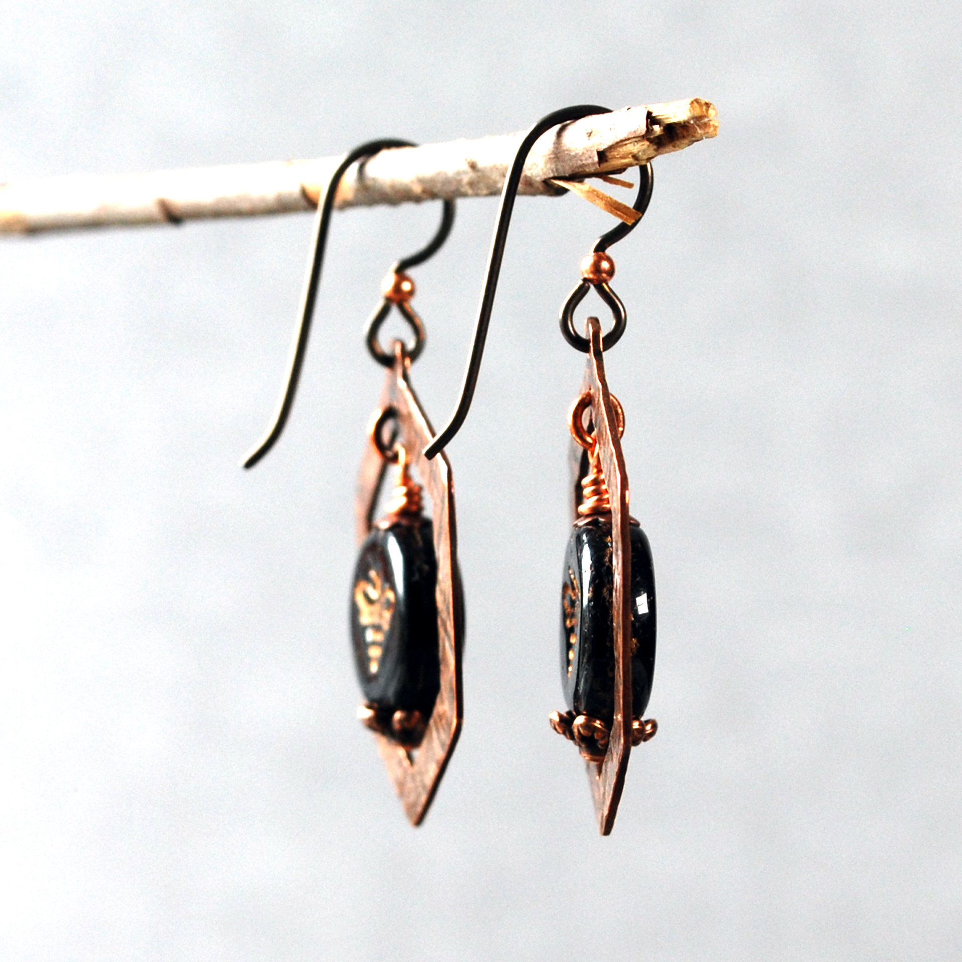 Copper Honeycomb Earrings, Czech Glass Bee Bead