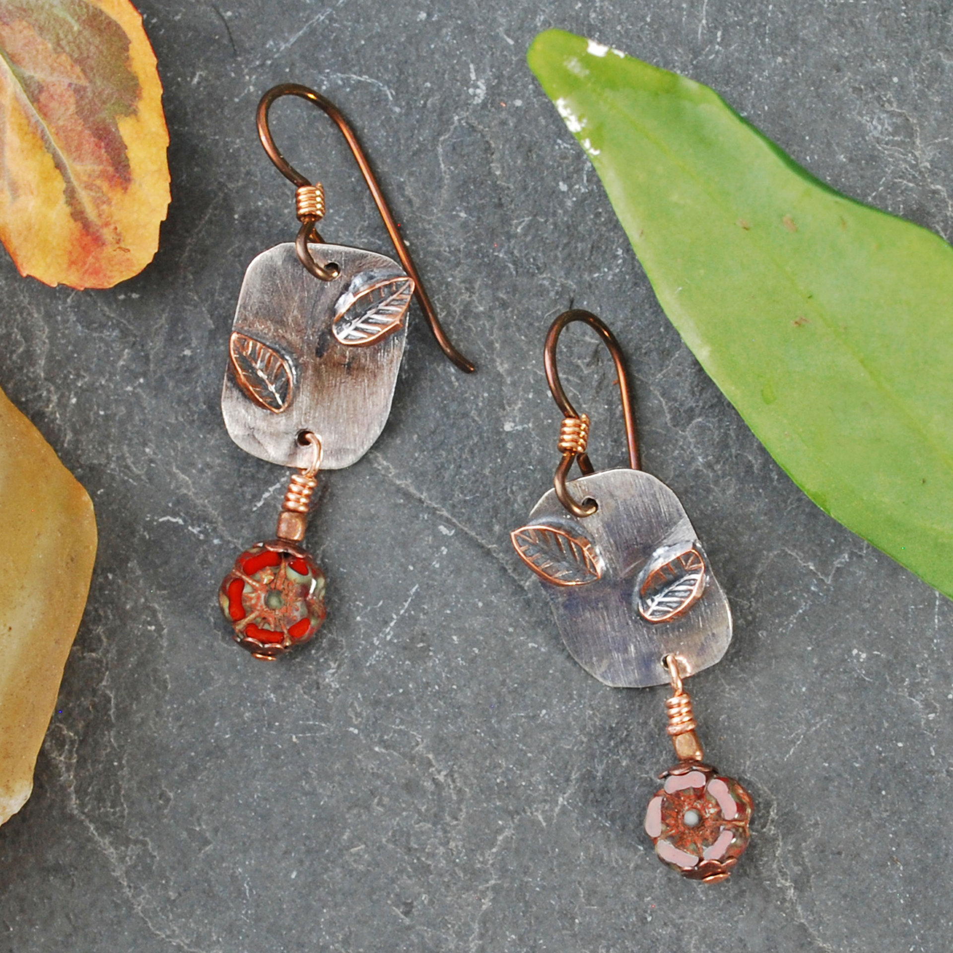 Silver, Copper, Czech Glass Flower Earrings