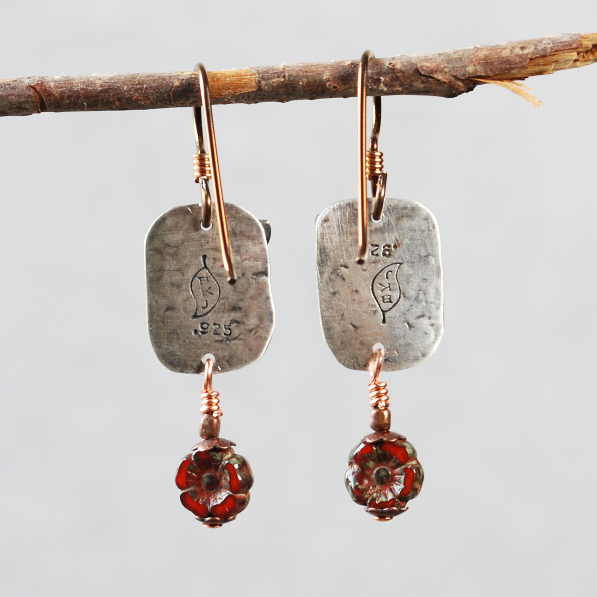 Silver, Copper, Czech Glass Flower Earrings