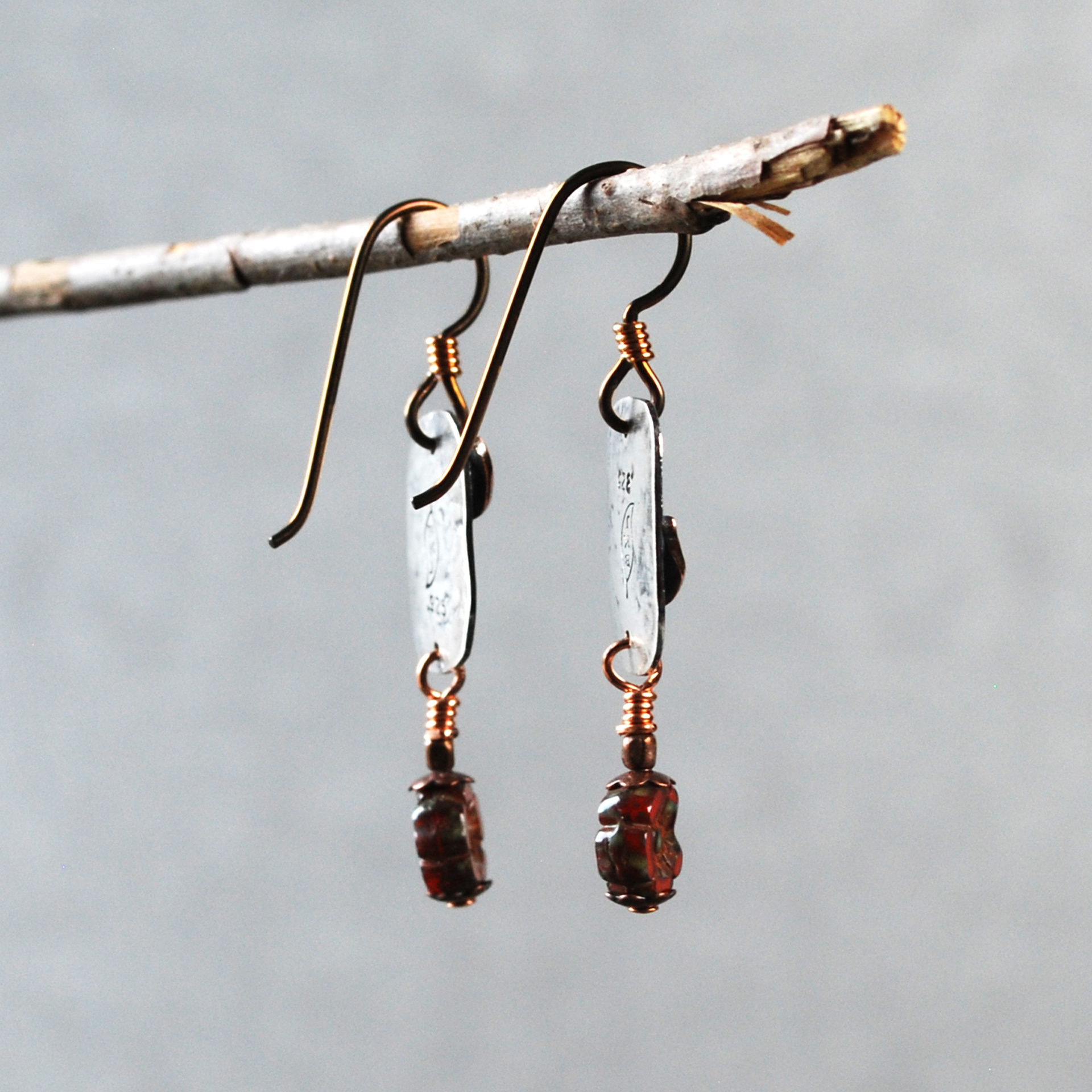 Silver, Copper, Czech Glass Flower Earrings
