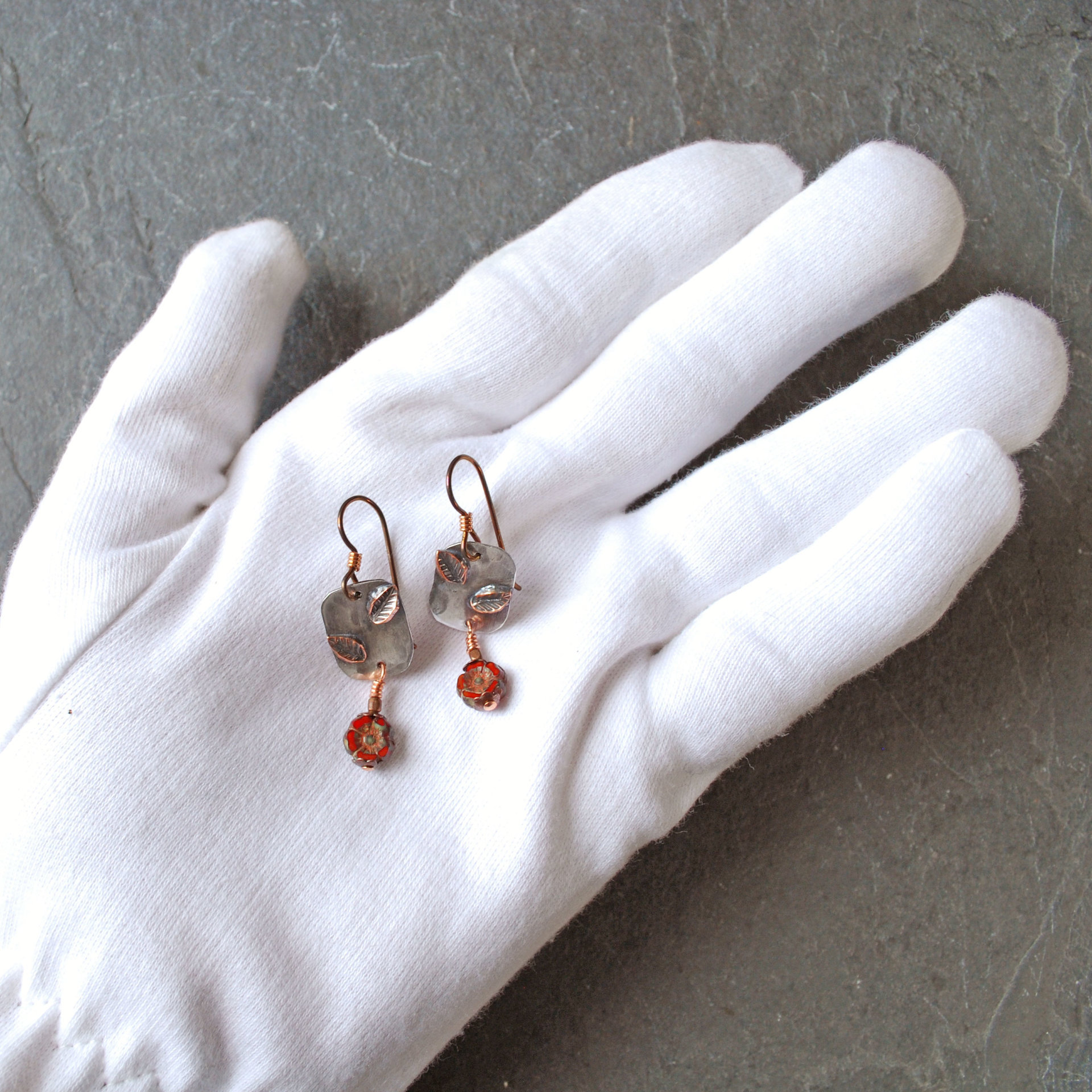 Silver, Copper, Czech Glass Flower Earrings