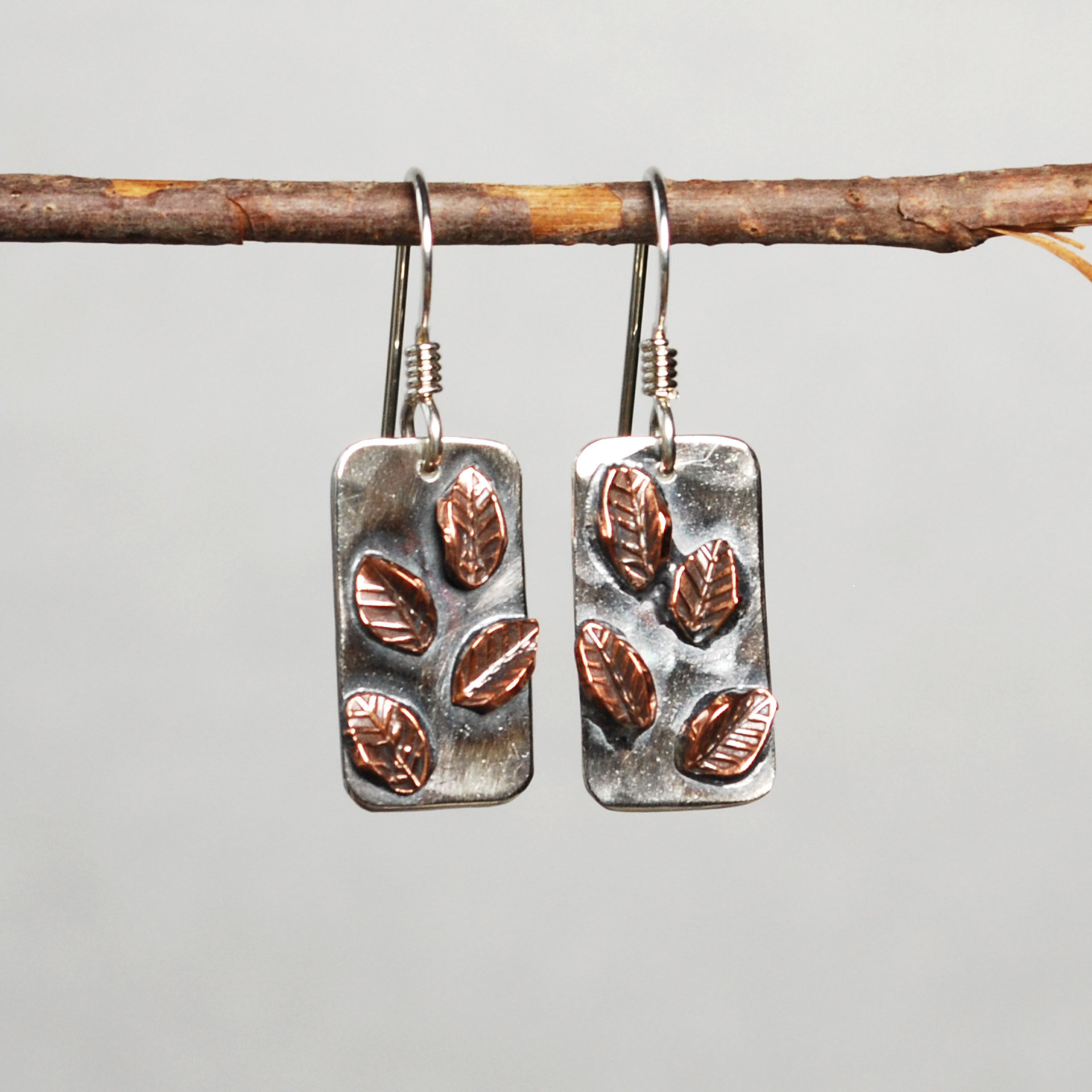 Silver, Copper Earrings with Leaves