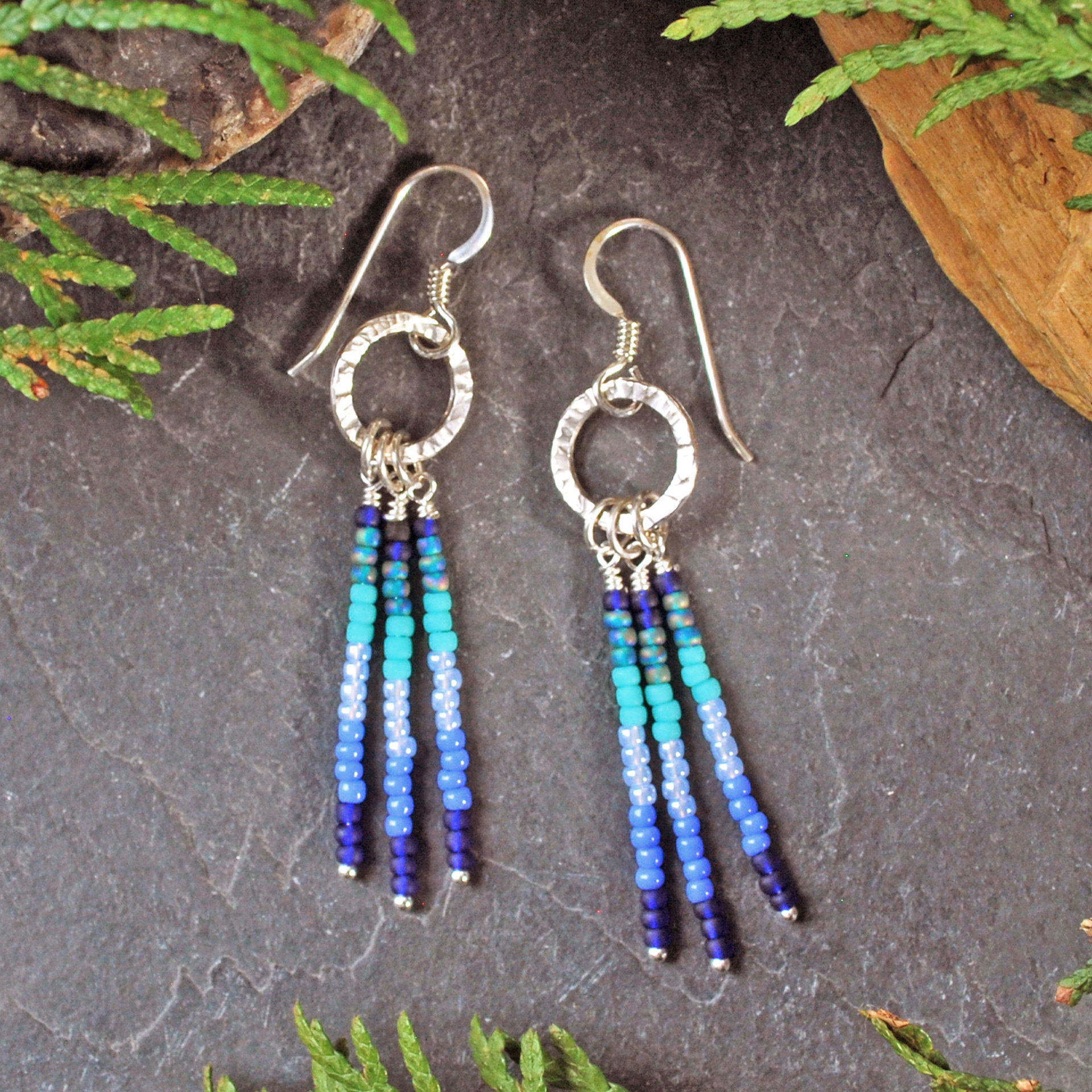 Silver earrings with blue, turquoise dangles