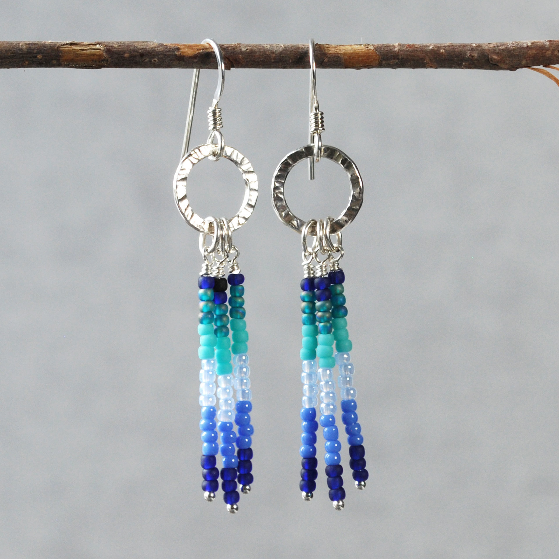Silver earrings with blue, turquoise dangles