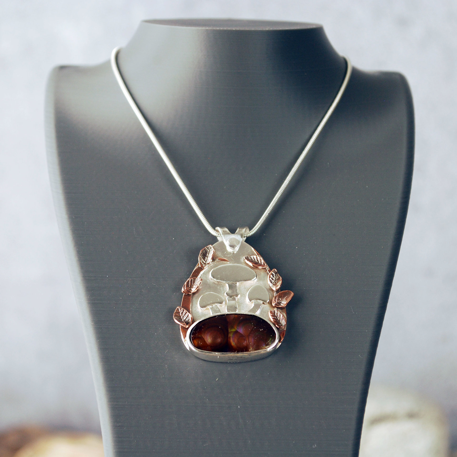 Fire Agate Pendant with Mushrooms, Copper Leaves