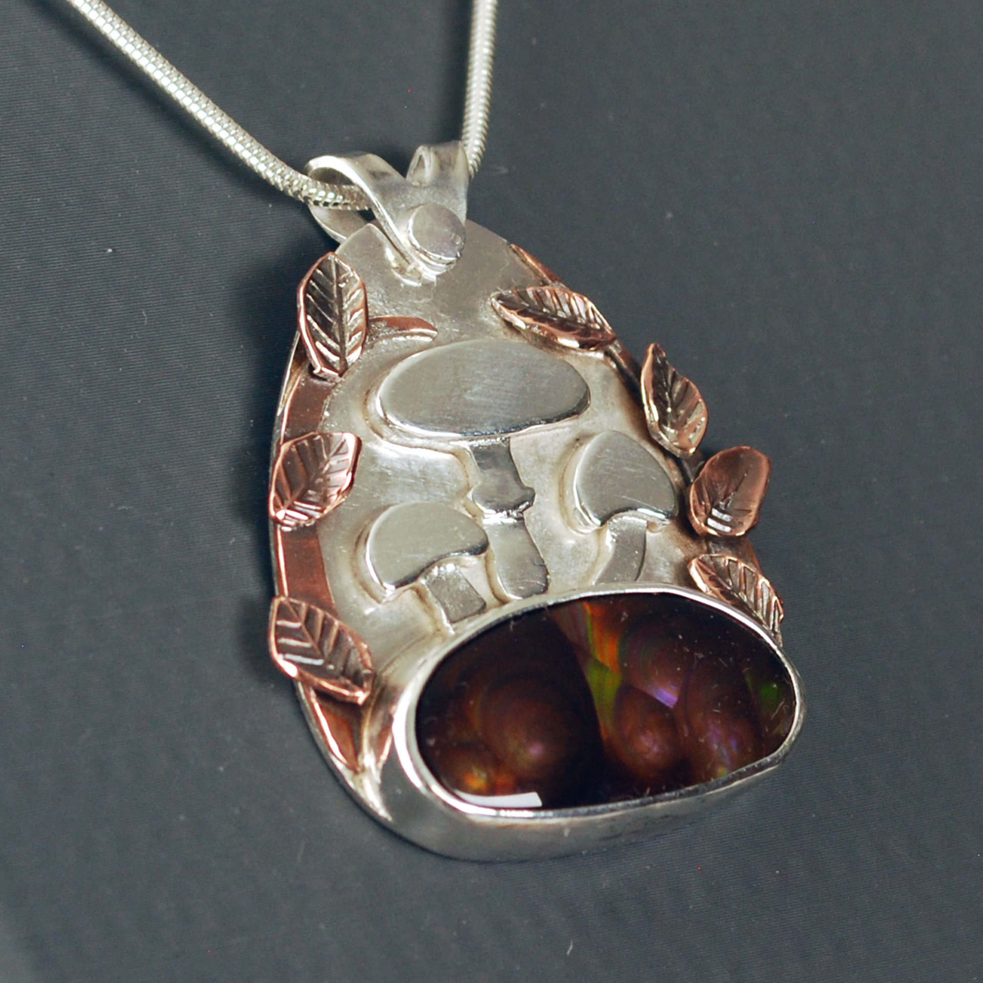 Fire Agate Pendant with Mushrooms, Copper Leaves