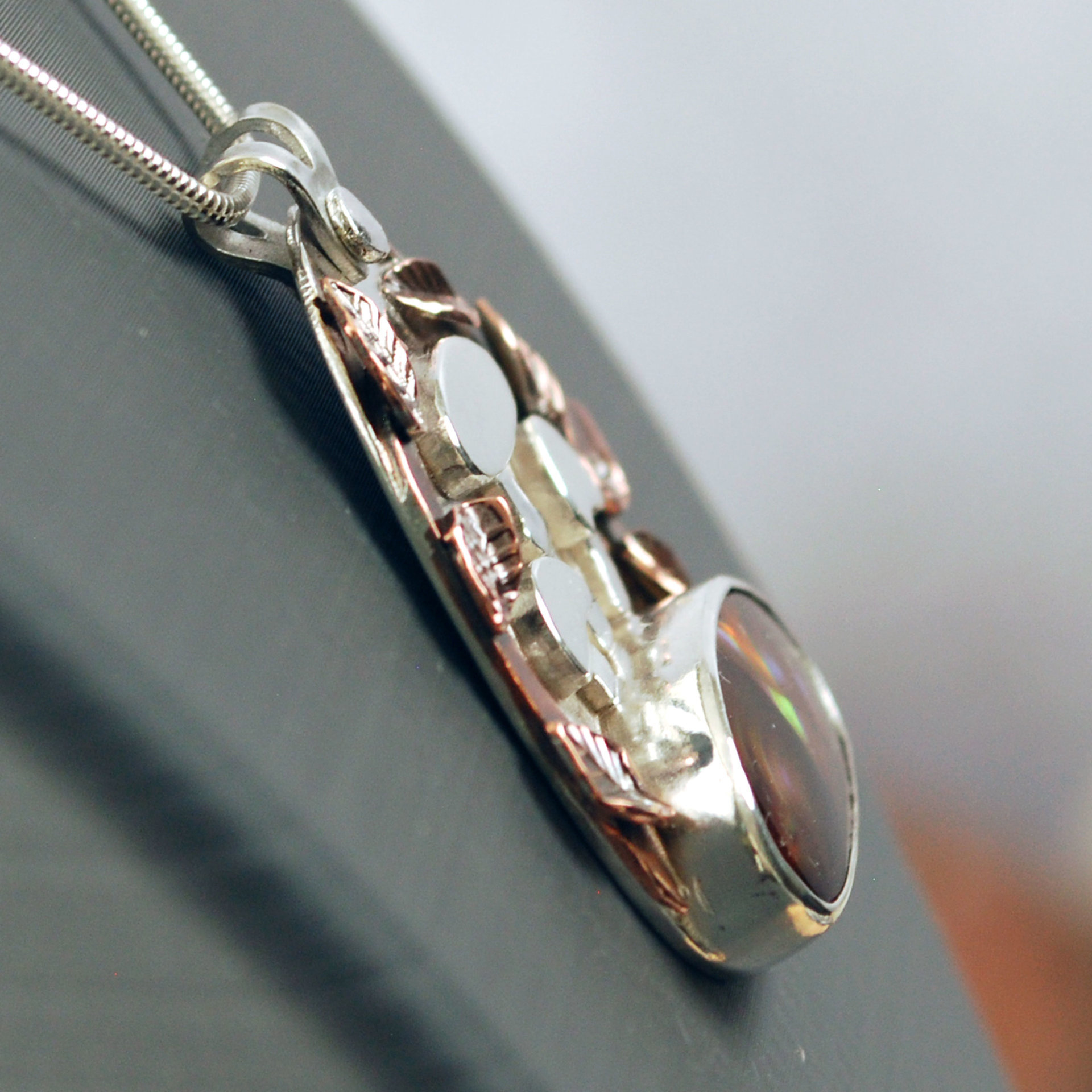 Fire Agate Pendant with Mushrooms, Copper Leaves