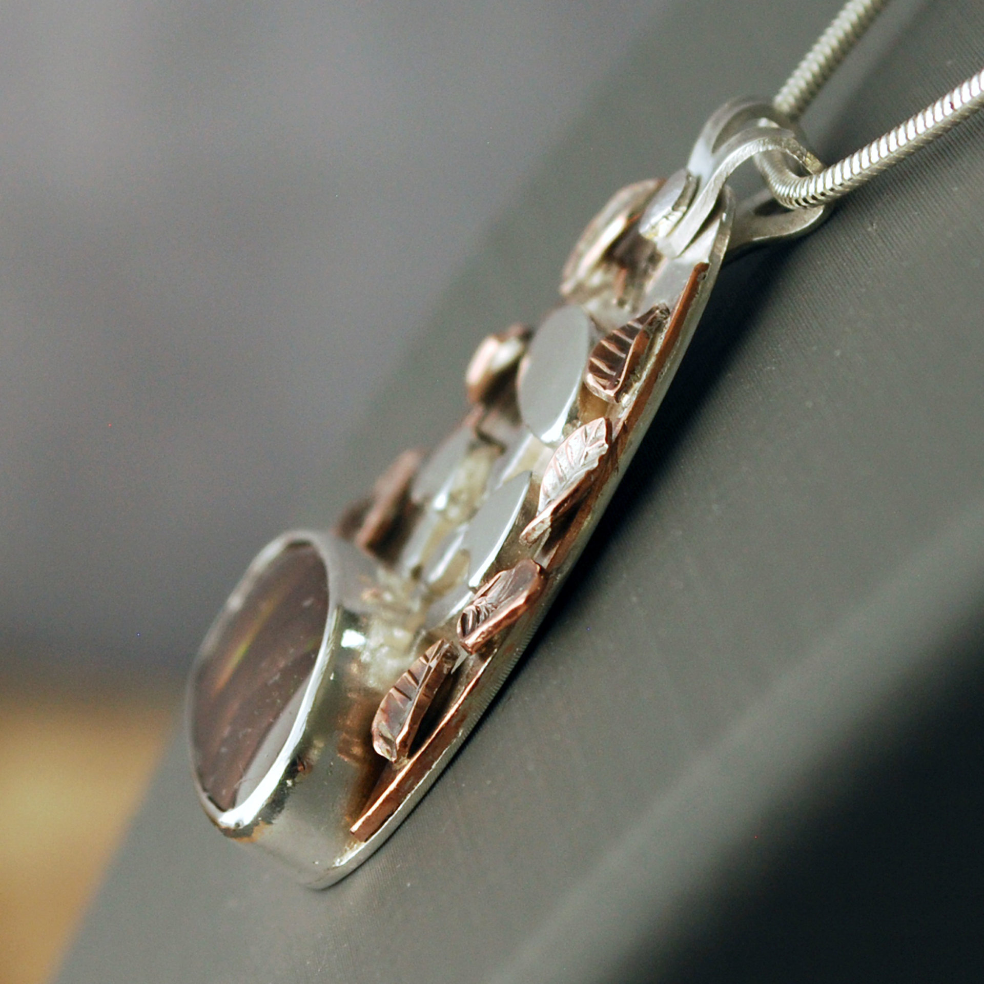 Fire Agate Pendant with Mushrooms, Copper Leaves
