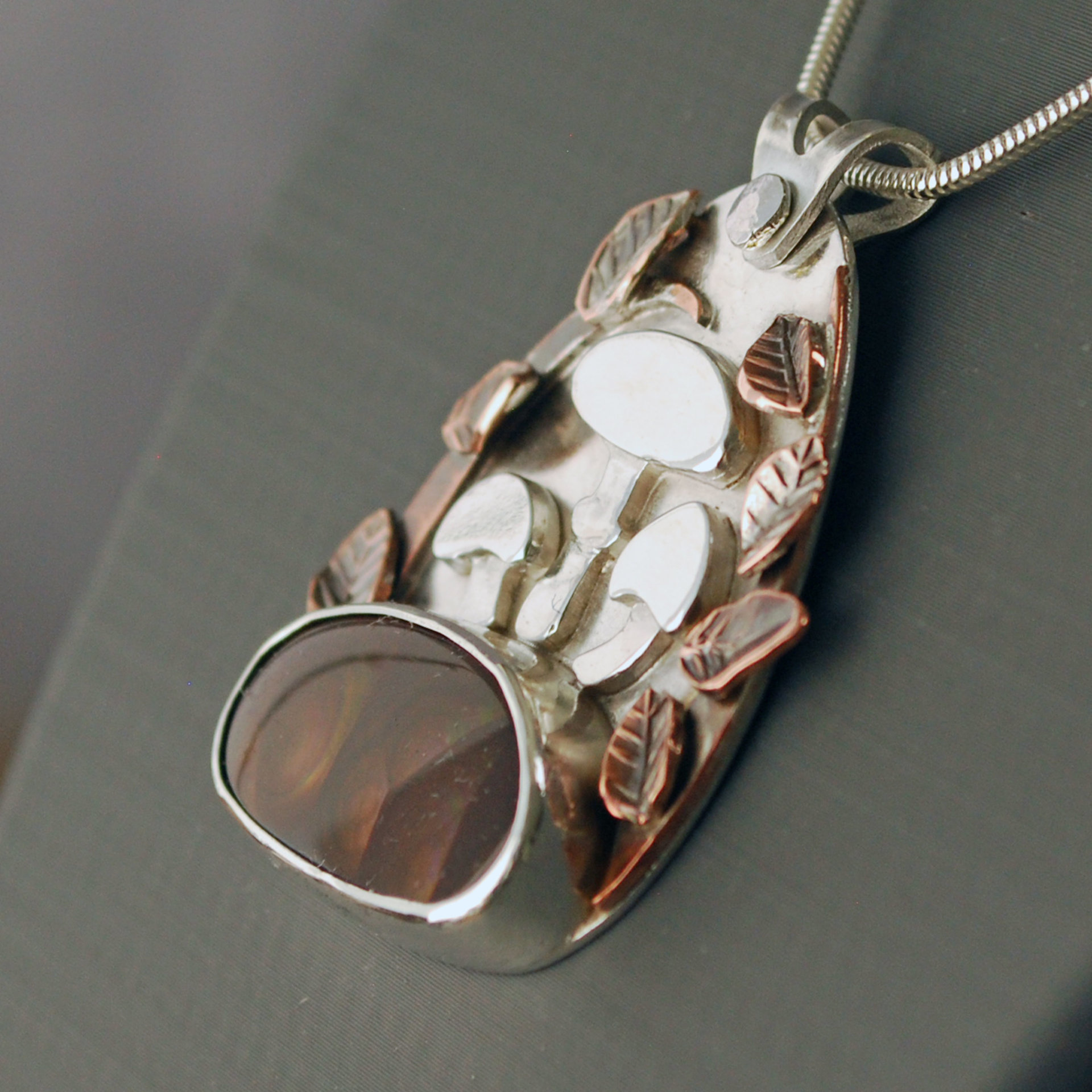 Fire Agate Pendant with Mushrooms, Copper Leaves