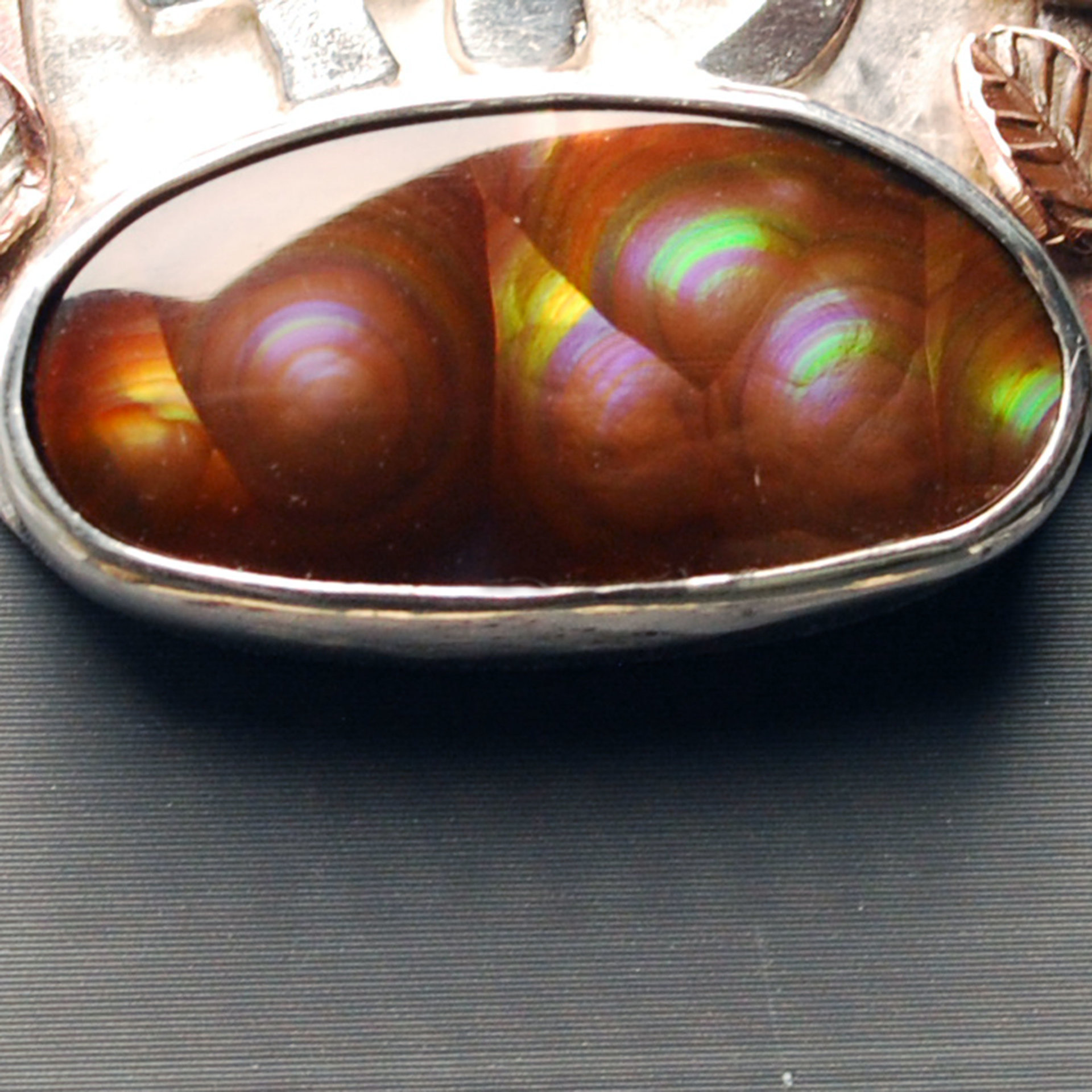 Fire Agate Pendant with Mushrooms, Copper Leaves
