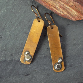 Bronze Dangle Earrings with Silver Dots