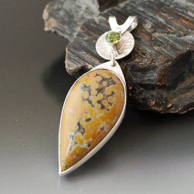 Silver Ocean Jasper Pendant with Peridot, Leaf Cut-Out