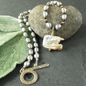 Gray Freshwater Pearl Necklace with Baroque Focal Pearl, Gold Accents