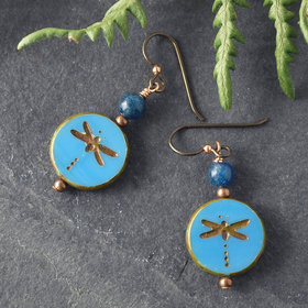 Blue Czech Glass and Apatite Dragonfly Earrings