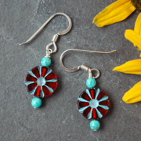 Red Czech Glass Flower and Turquoise Earrings