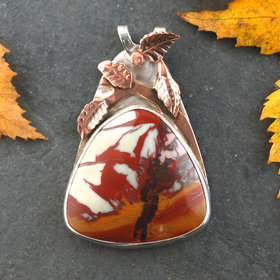 Desert Fire Jasper Pendant, Silver and Copper Leaves
