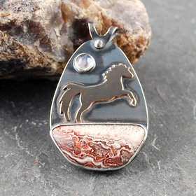 Crazy Lace Agate Pendant with Horse, Moonstone