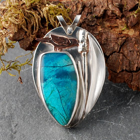 Chrysocolla Pendant with Bird and Cattail