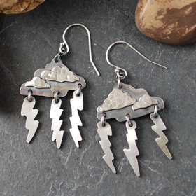 Silver Cloud Earrings with Lightning Bolts