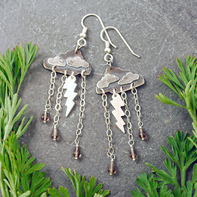 Silver Cloud Earrings with Rain, Lightning, Smoky Quartz drops