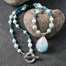 Larimar Silver Beaded Necklace, Larimar Pendant