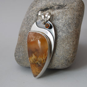 Graveyard Point Plume Agate, Silver and Citrine Pendant