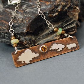 Hammered Bronze Bar Necklace with Citrine and Silver Clouds