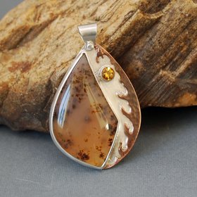 Montana Agate Silver Pendant with Citrine and Hammered Copper