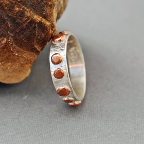 Hammered Silver Ring Band with Copper Dots