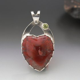 Red Horn Coral and Peridot Heart Pendant with Hummingbird