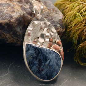 Blue Pietersite Silver Pendant with Waterfall, Copper Rocks