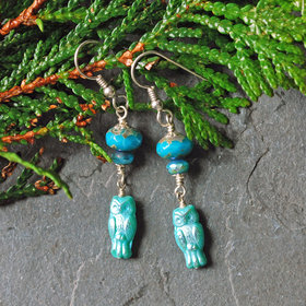 Czech Glass, Silver Owl Earrings