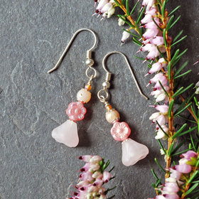 Pink Czech Glass Flower Earrings with Pink Opals