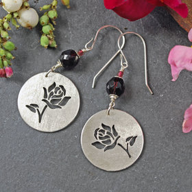 Silver Earrings with cut out roses, with Garnets