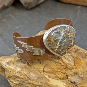 Copper Cuff with Plume Agate and Silver Lightning