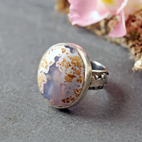 Calico Lace Agate Silver Ring Size 8.75