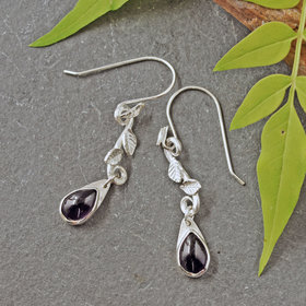 Amethyst Drop Earrings with Silver Leaves
