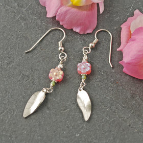 Pink Czech Glass Flower earrings with Silver Leaves