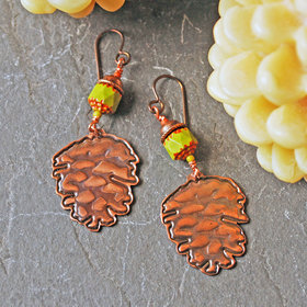 Copper Pine Cone Earrings with Czech Glass