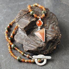 Carnelian Silver Pendant with Beaded Necklace