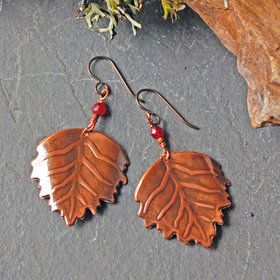 Copper Leaf Earrings with Garnets
