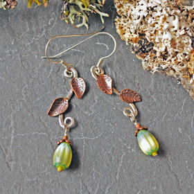 Silver Earrings with Copper Leaves, Czech Glass Drops