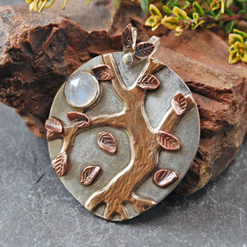Autumn Tree Pendant, Silver, Copper, Bronze, Moonstone
