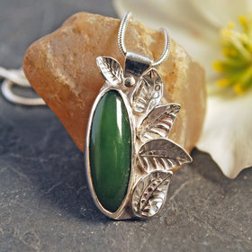 Silver Jade Pendant with Silver Leaves