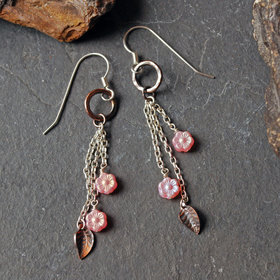 Silver, Copper Earrings with Pink Czech Glass Flowers