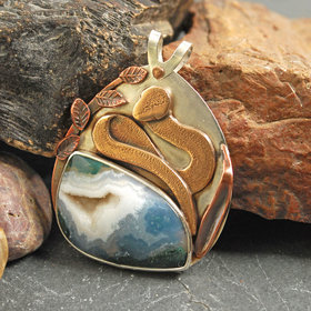 Snake Pendant, Silver with Moss Agate