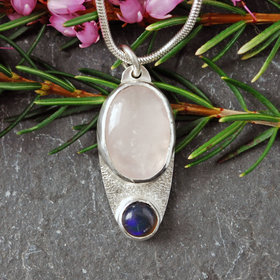 Small Silver Rose Quartz, Opal Pendant