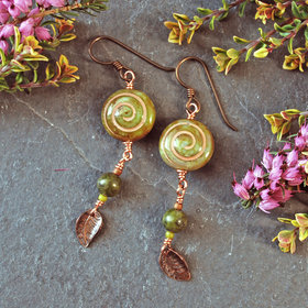 Czech Glass Spiral Earrings with Copper Leaves, Serpentine